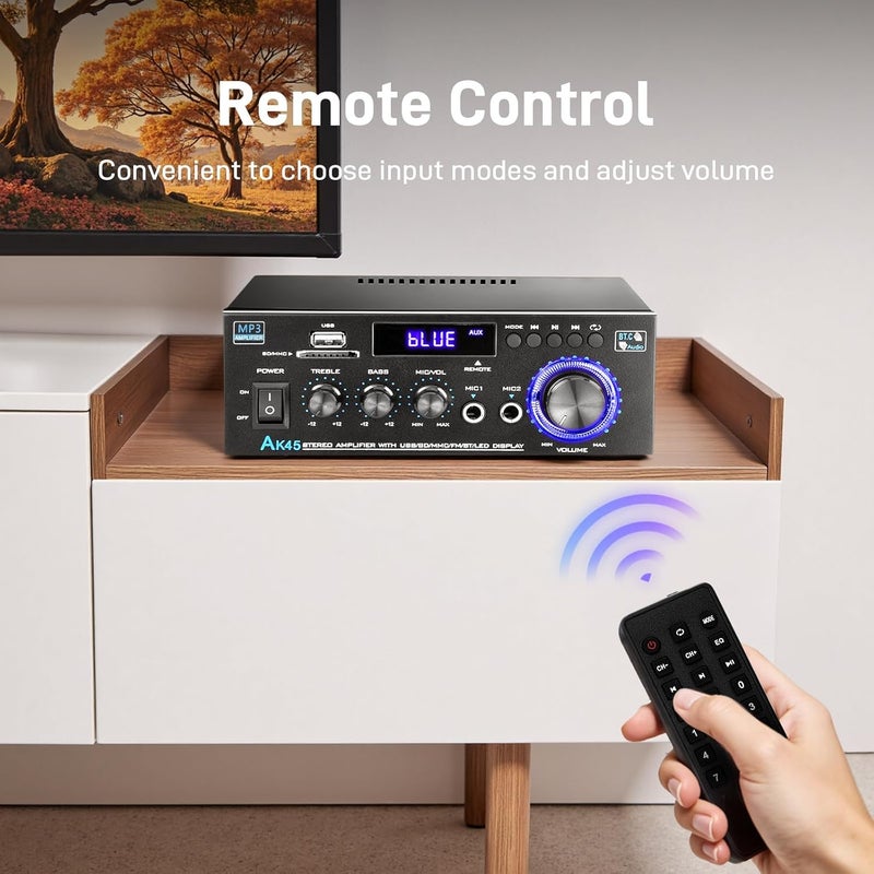 Wtoolfex مضخم صوت منزلي ستيريو AK45 مع مستقبل بلوتوث 5.0، 300 واط + 300 واط مضخم صوت HiFi بلوتوث 2.0 قناة RMS 40 واط × 2 نظام ستيريو منزلي مع جهاز تحكم عن بعد، ميكروفون، USB، RCA، راديو FM - Image 5